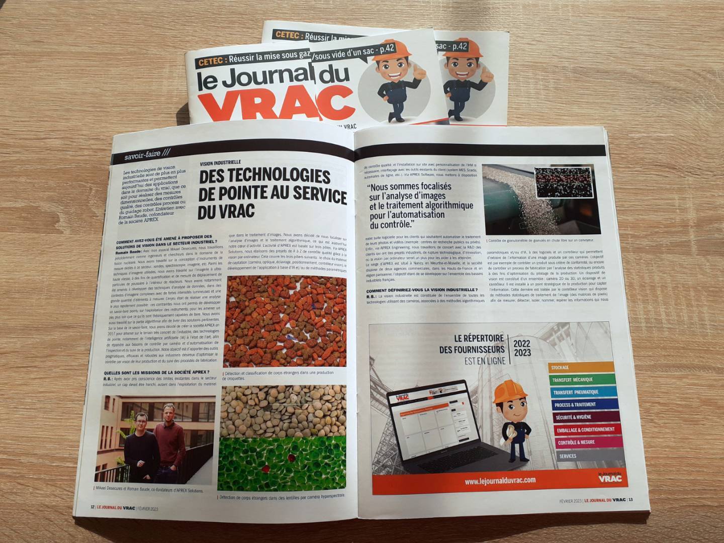 photo du magazine spécialisé Le Jojrnal du Vrac ouvert sur l'article d'APREX Solution.