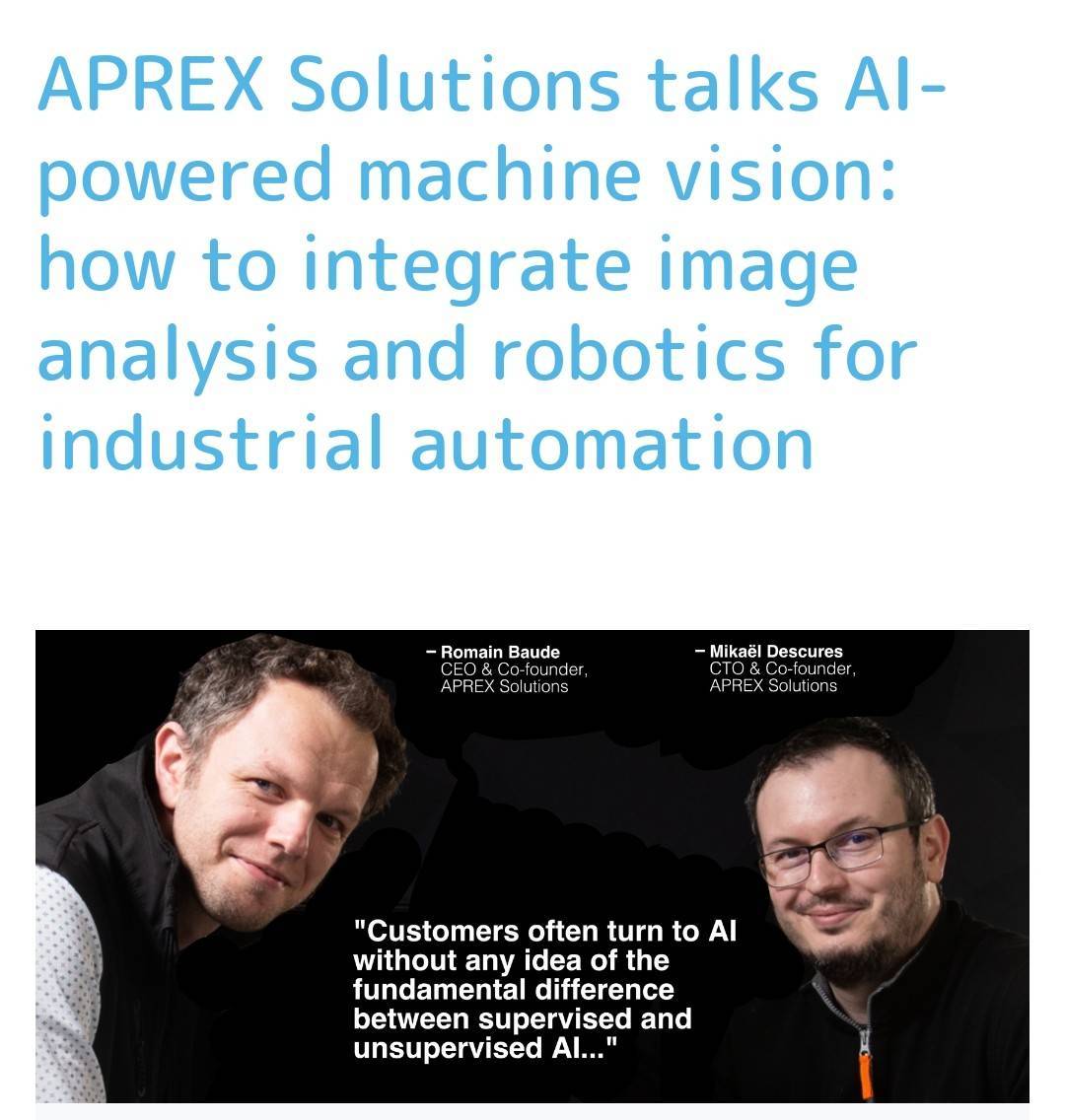 APREX Solutions aborde la vision industrielle bas&eacute;e sur l'IA : comment int&eacute;grer l'analyse d'images et la robotique dans l'automatisation industrielle